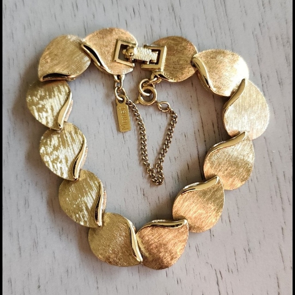 Vintage Monet Gold Tone Brushed Sculpted Link Bracelet with Safety Chain